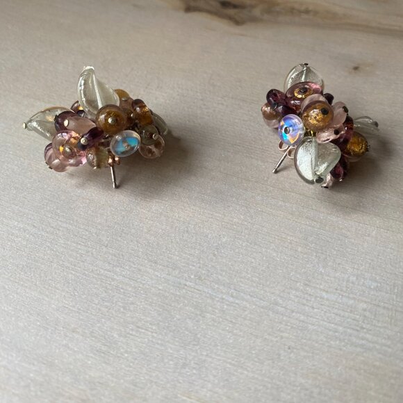 VTG 925 Italy Pierced Glass Chunky Cluster Earrings Brown Purple Rossana fairy - Picture 8 of 14